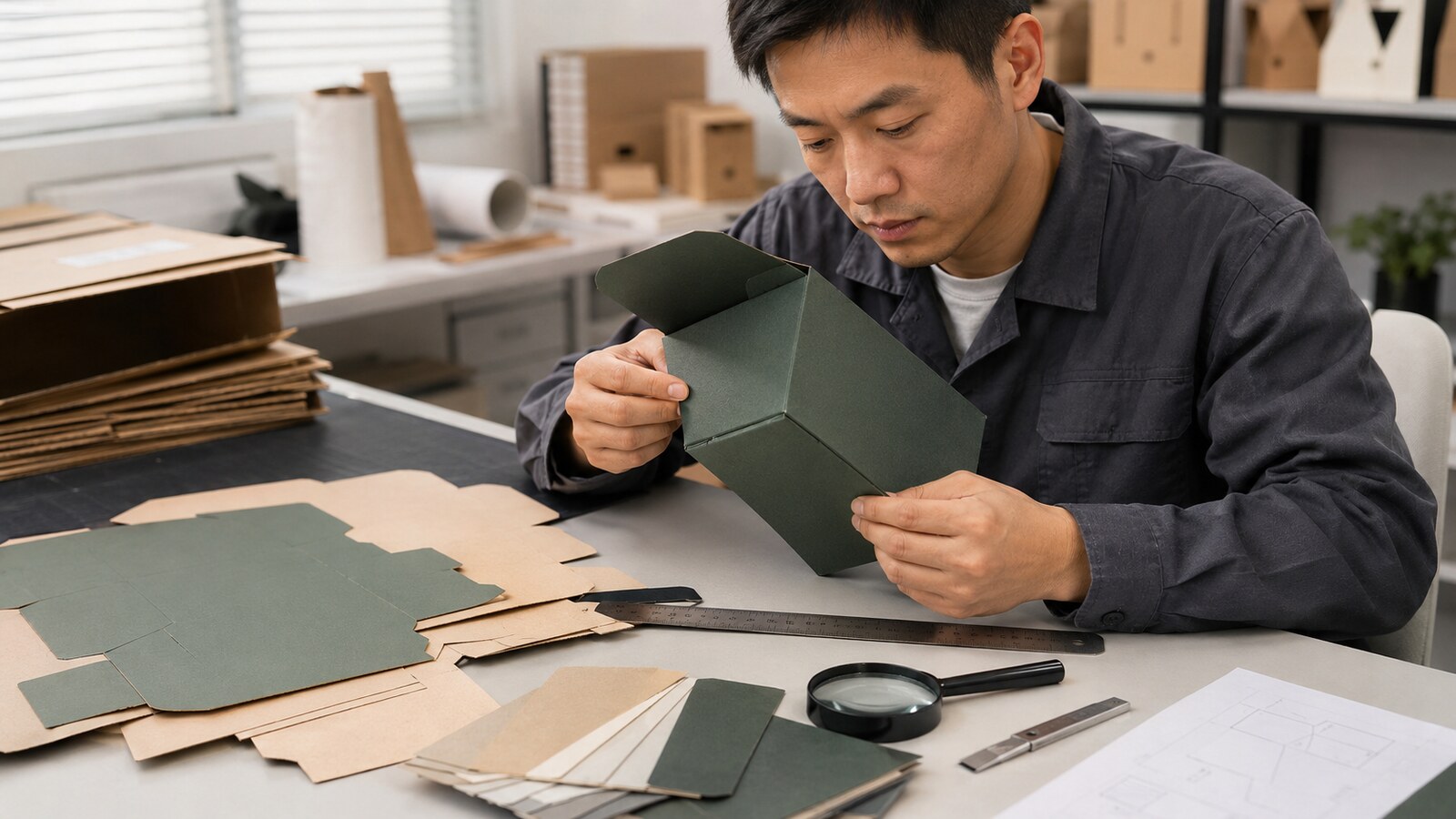 包装工程师检查纸盒压痕与折边开裂风险
