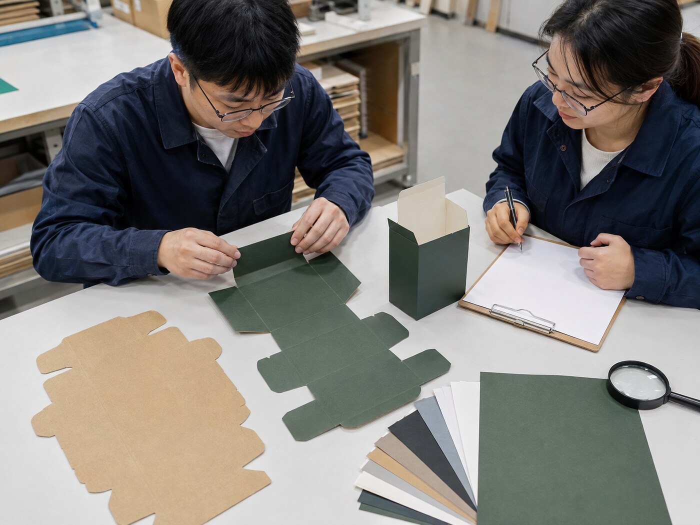 包装团队对纸盒结构样工艺样和量产前样进行折边验收