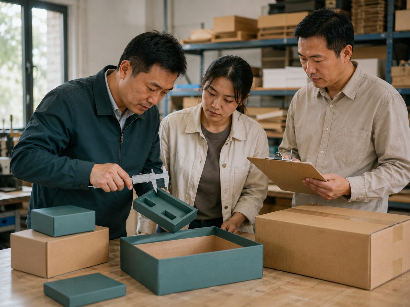 采购与包装团队核对礼盒内托尺寸和运输样品的工作场景