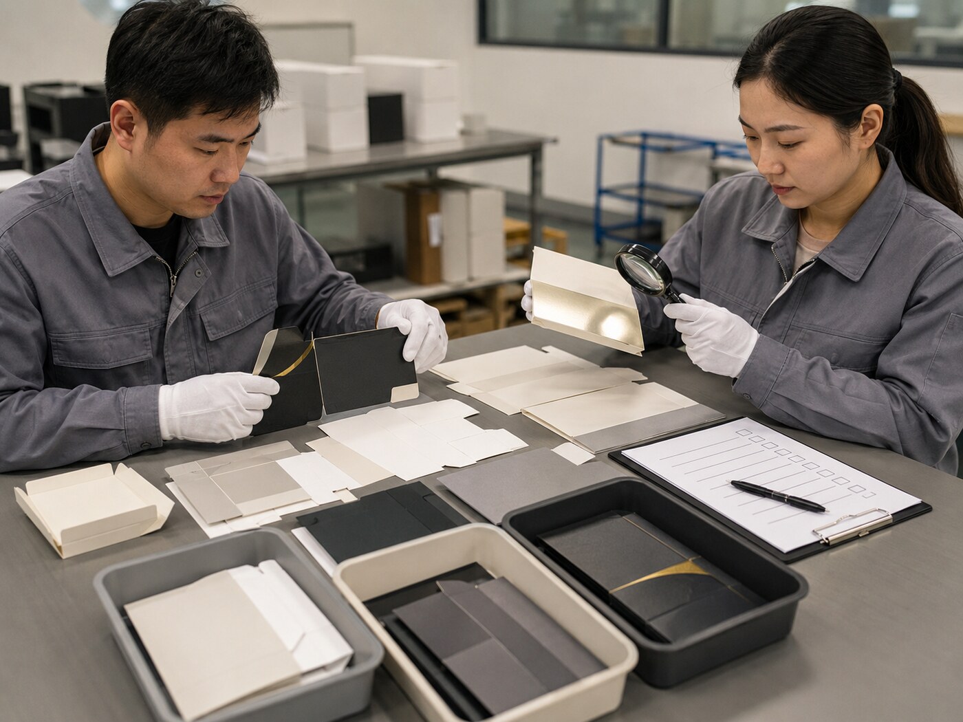 包装质量人员在受控光线下检查不同表面工艺样品