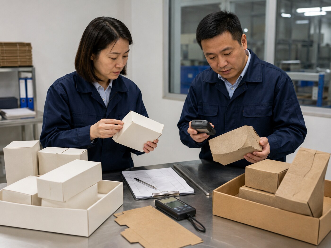 包装质量人员对比干燥封样与受潮纸盒样品