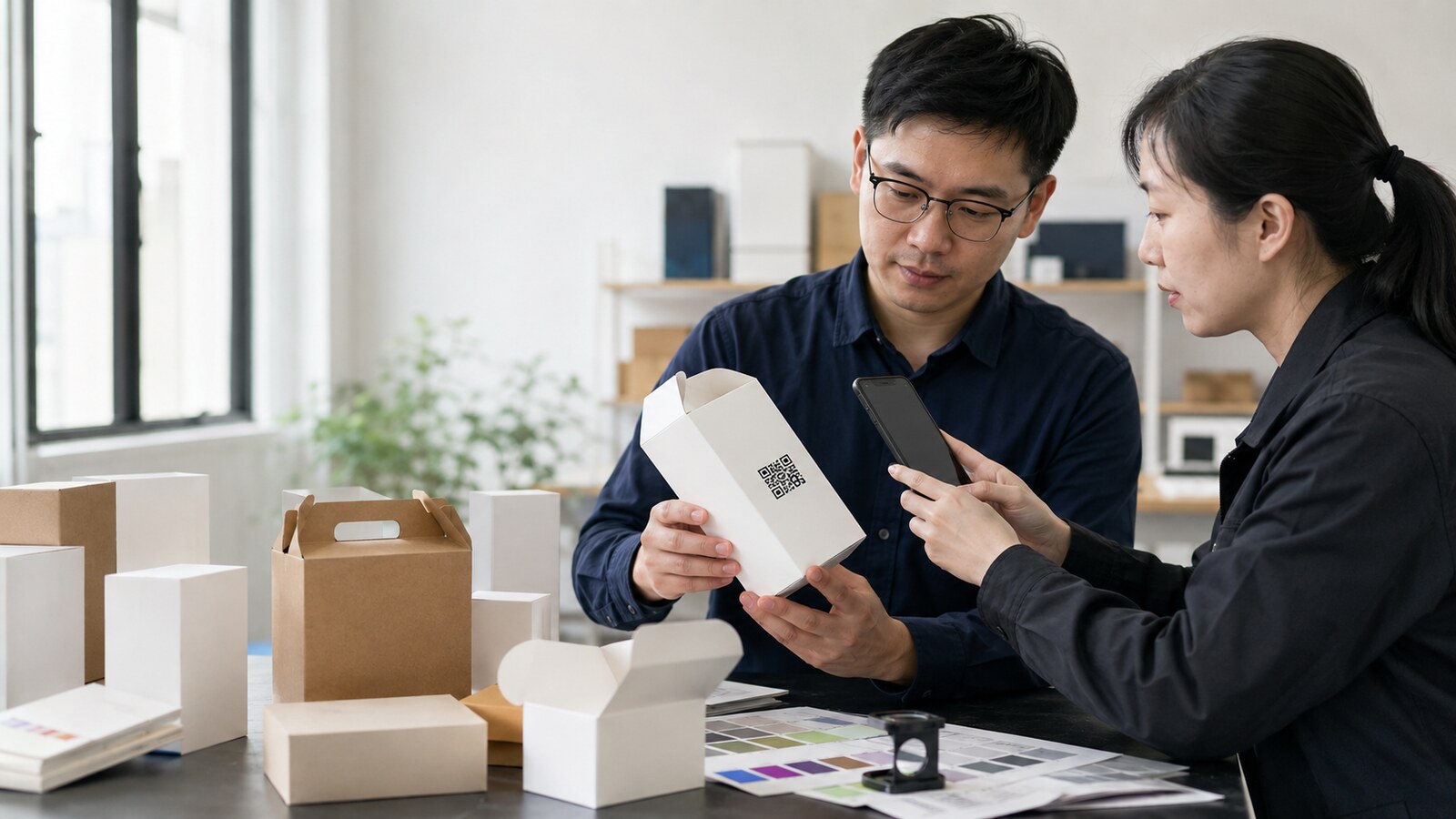 包装设计人员与质检人员检查纸盒二维码印刷和手机扫码效果
