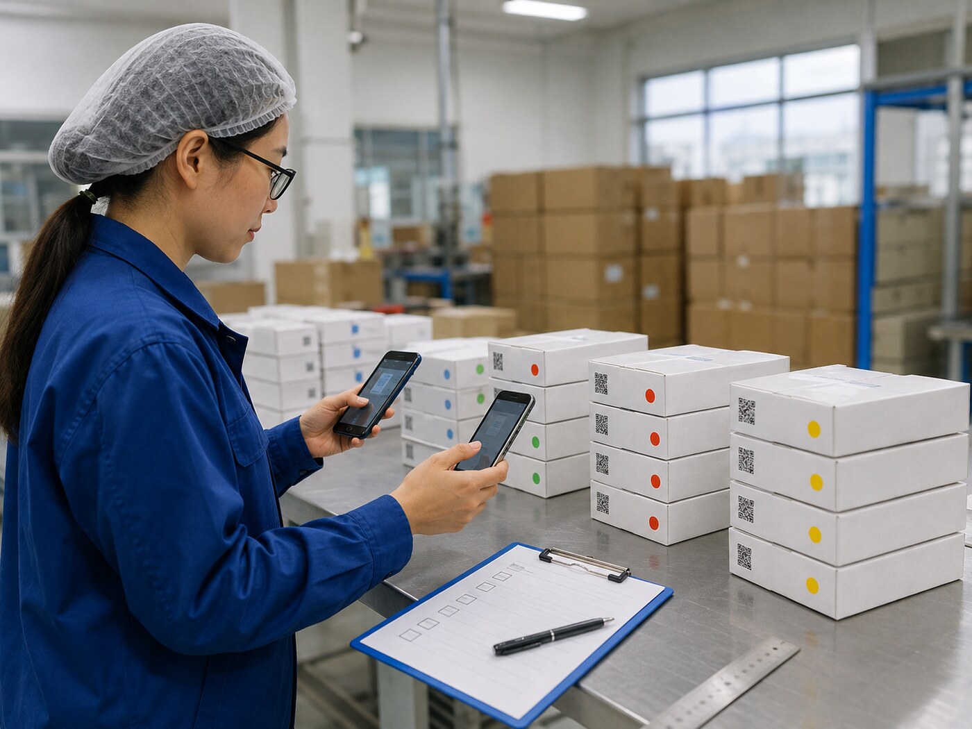 质检人员从不同纸盒堆位抽样并使用不同手机进行二维码扫码测试