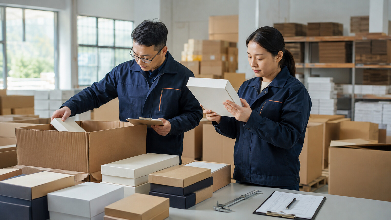 包装质量人员从不同外箱抽取纸盒样品进行AQL大货验收