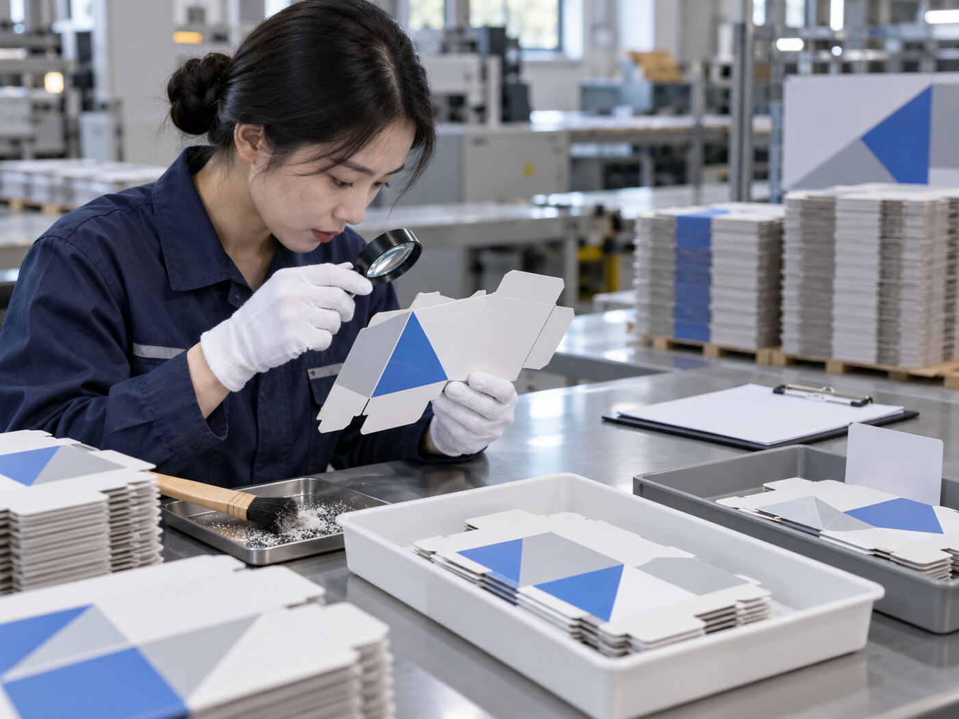 质检人员对包装盒模切边缘进行抽样检查和隔离留样